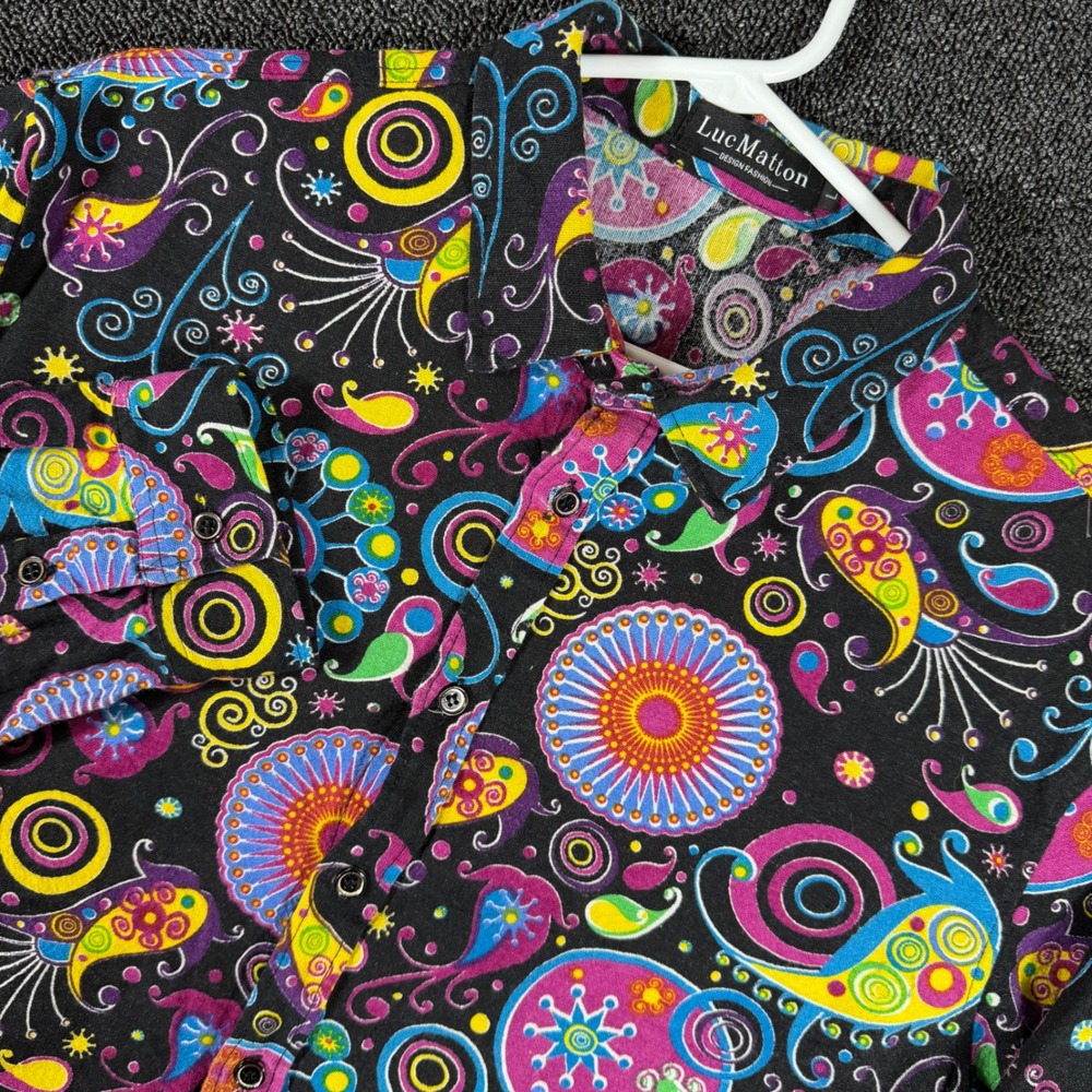 Luc Matton Linen Button Up Shirt Men's M Psychedelic Paisley Mandala Rave Funky